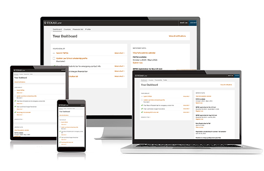 New student dashboard on various screen sizes